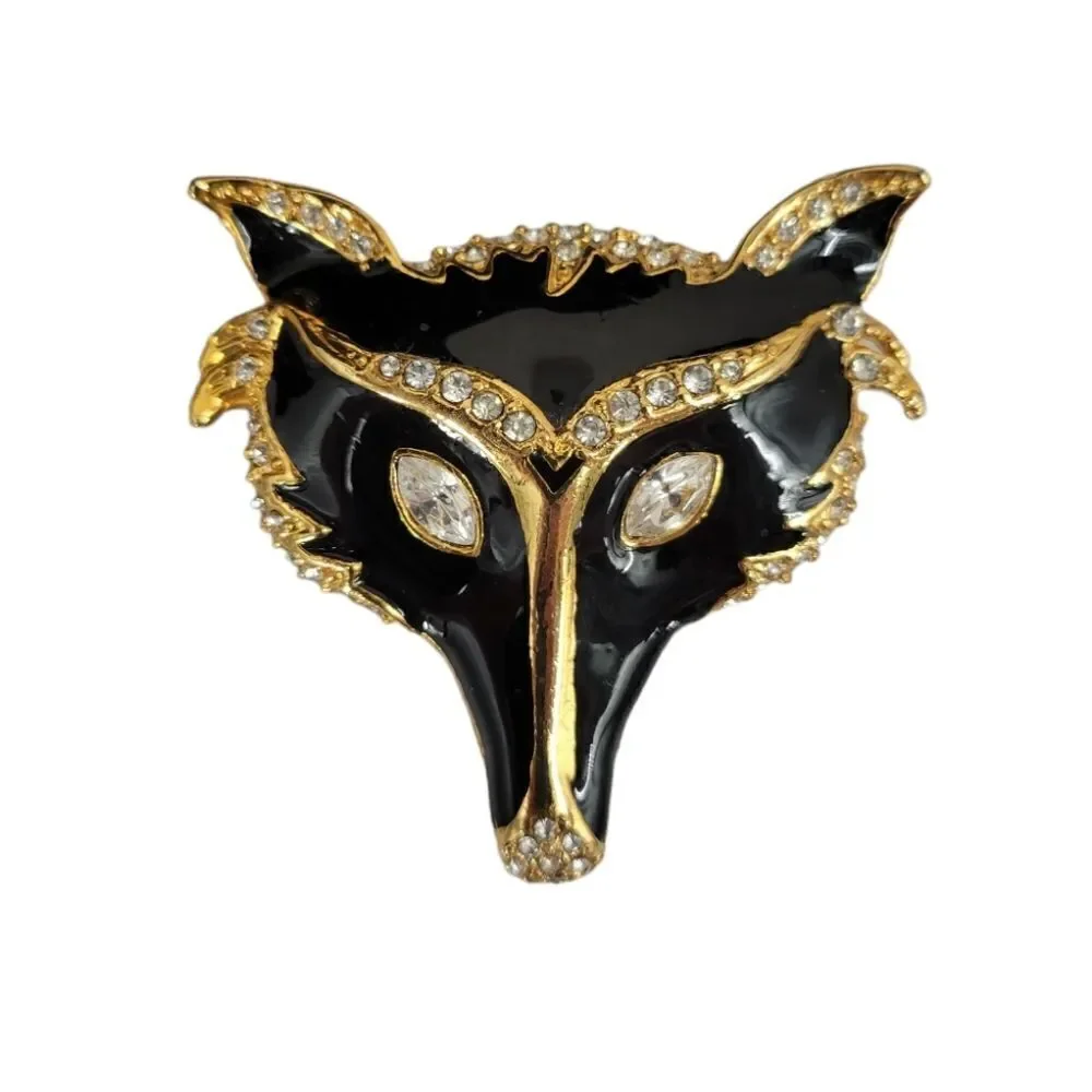 Vintage Fox Brooch Gold Toned Black Enamel Rhinestones